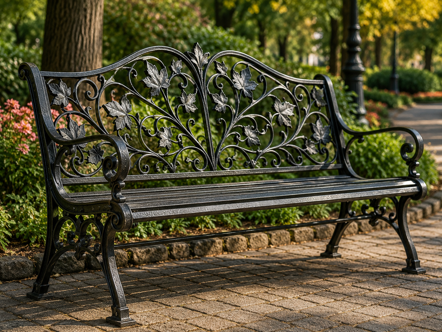 Kuta ławka parkowa z ornamentem liści